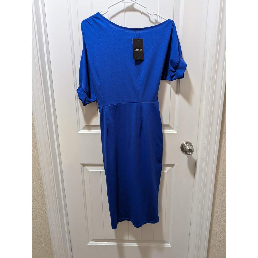 NEW! LILYIN Royal Blue Sheath Dress Button Up Sleeves Waist Tie Size M